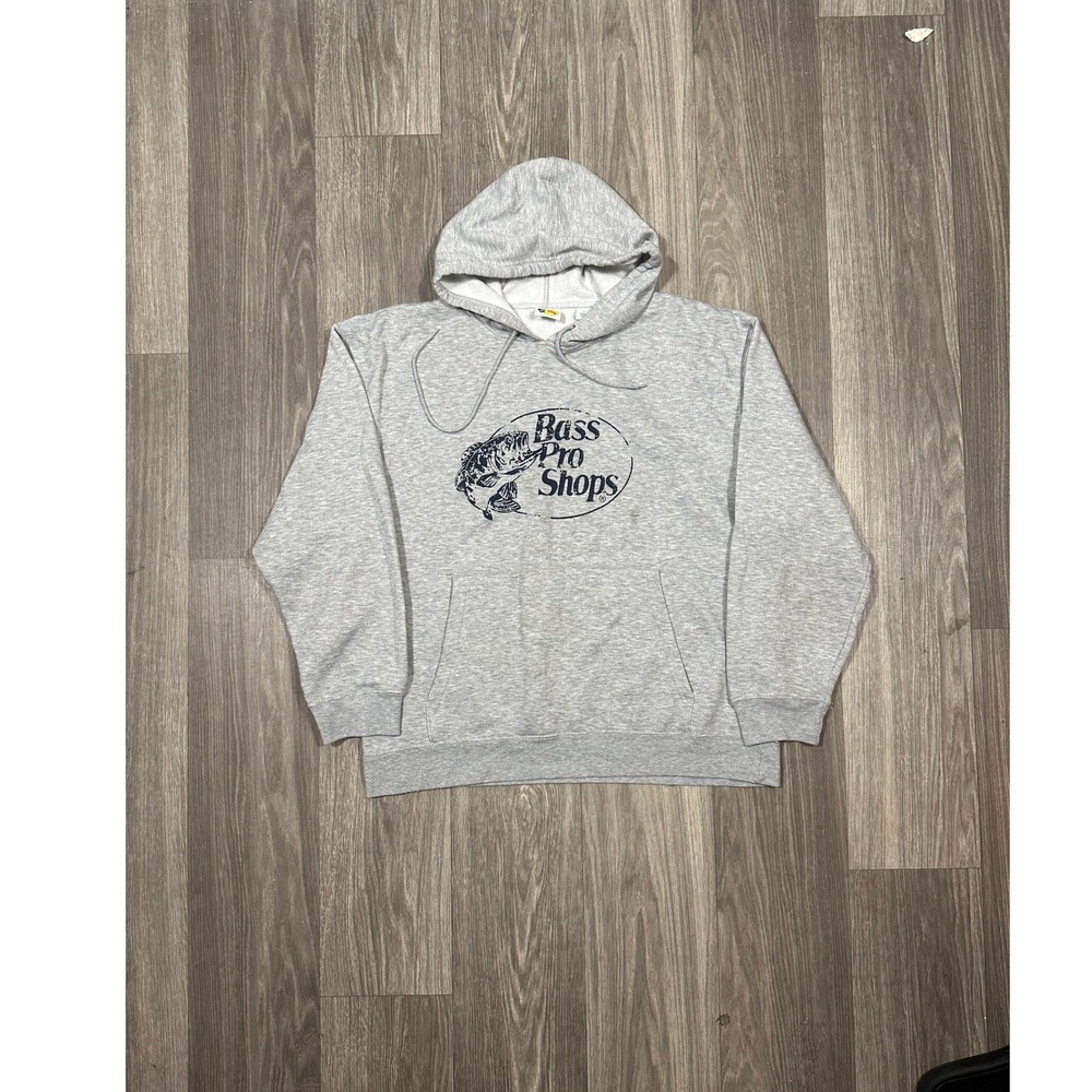 Bass Pro Shops Mens XL Heather Gray Graphic Pullover Hoodie Fishing Outdoor